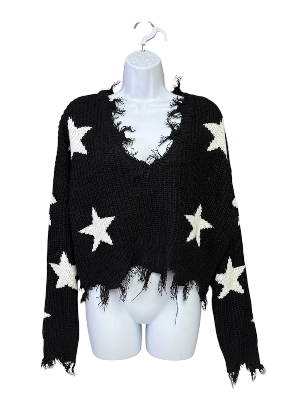Just Polly NWOT Size LARGE Black Star-Pattern Distressed V-Neck Sweater